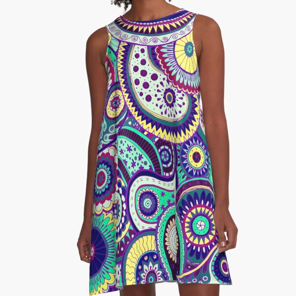 Colorful Paisley Hippie Art A-Line Dress