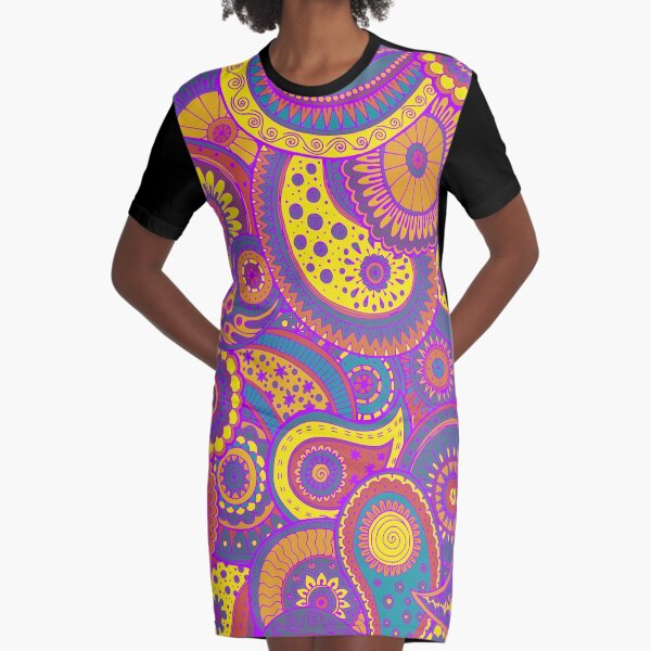 Pretty Colorful Hippie Paisley Art Graphic T-Shirt Dress