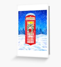 British Red Telephone Box In Falling Christmas Snow Greeting Card