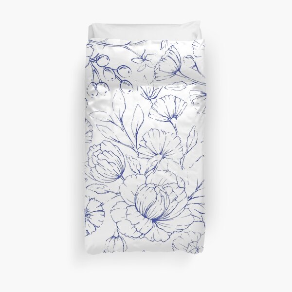 Modern hand drawn navy blue white elegant floral pattern Duvet Cover