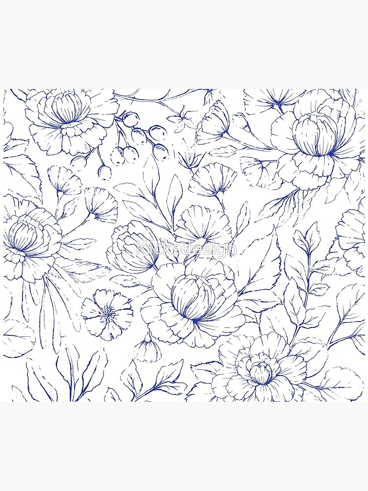 Modern hand drawn navy blue white elegant floral pattern by Kicksdesign