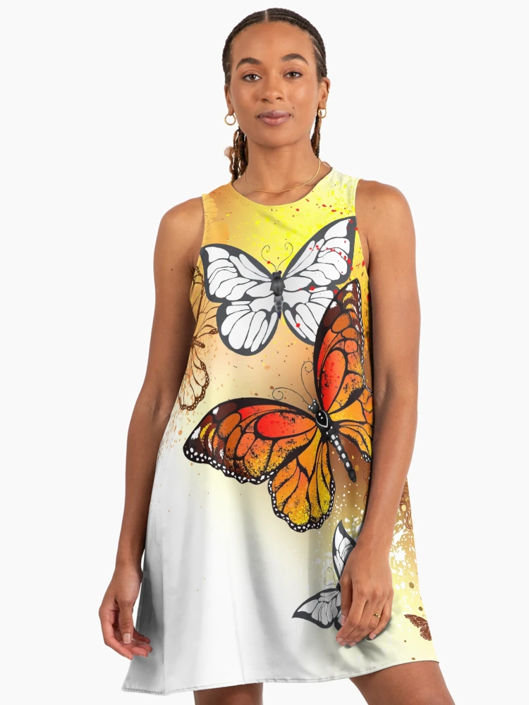 Summer Butterflies Monarchs ( Orange Butterfly ) Butterfly A-Line Dress