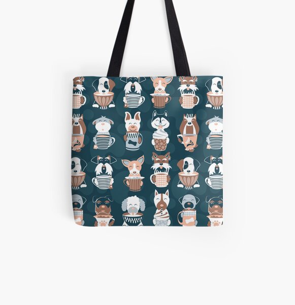 Doggie Coffee and Tea Time 2 // 2019 Calendar // navy blue background All Over Print Tote Bag