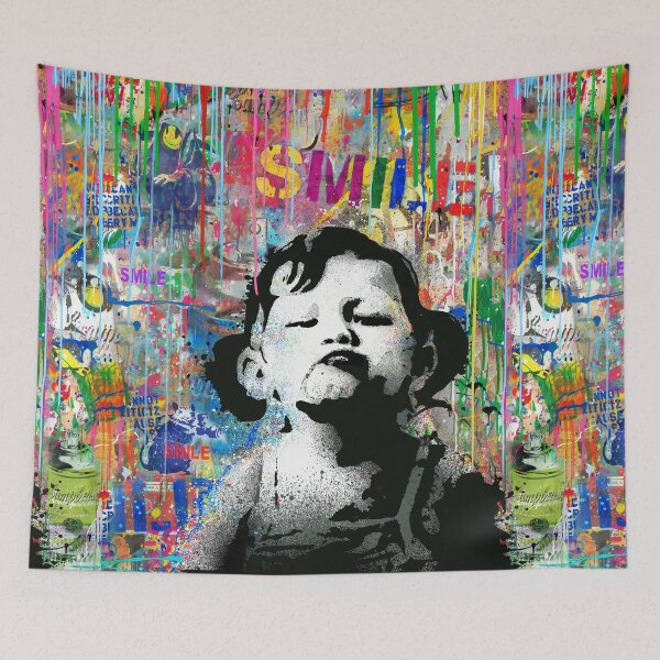 Item preview, Banksy SMILE  Street Art Graffiti Quote Girl Not Smiling Pop Art Mashup designed and sold by WE-ARE-BANKSY.