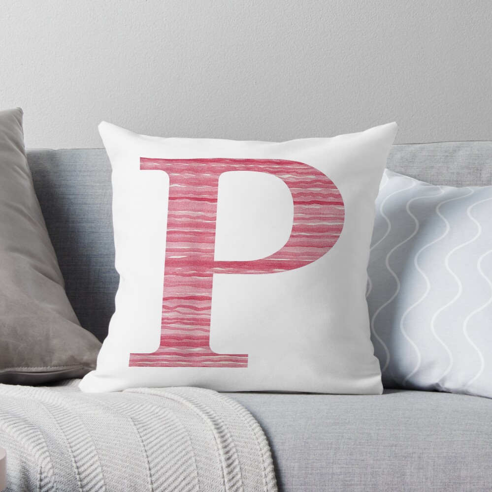 Letter P Red Watercolor Stripes Initial Monogram Throw Pillow