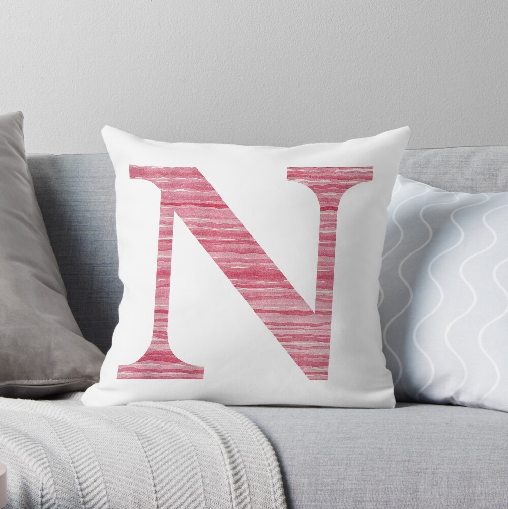 Letter N Red Watercolor Stripes Initial Monogram Throw Pillow