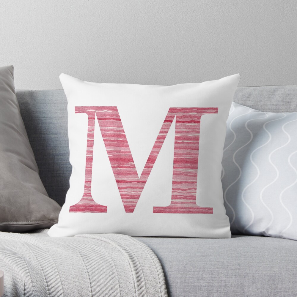 Letter M Red Watercolor Stripes Initial Monogram Throw Pillow