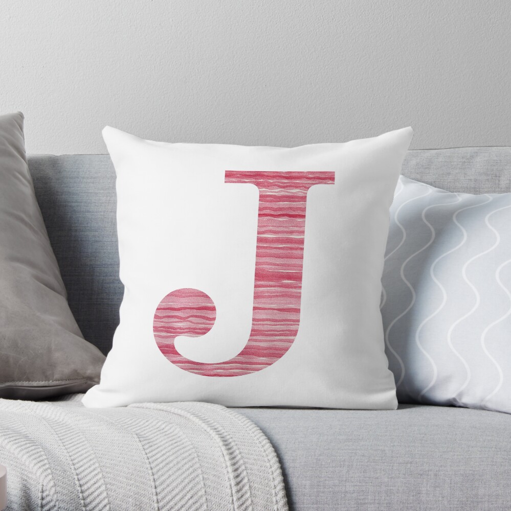 Letter J Red Watercolor Stripes Initial Monogram Throw Pillow