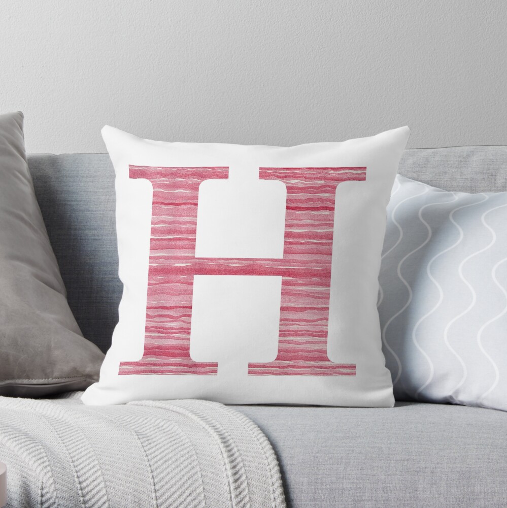 Letter H Red Watercolor Stripes Initial Monogram Throw Pillow