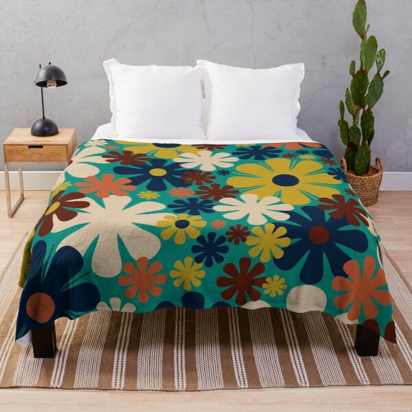 Item preview, Retro Flowers 60s 70s Aesthetic Floral Pattern in Midcentury Teal Blue Orange Mustard designed and sold by kierkegaard.