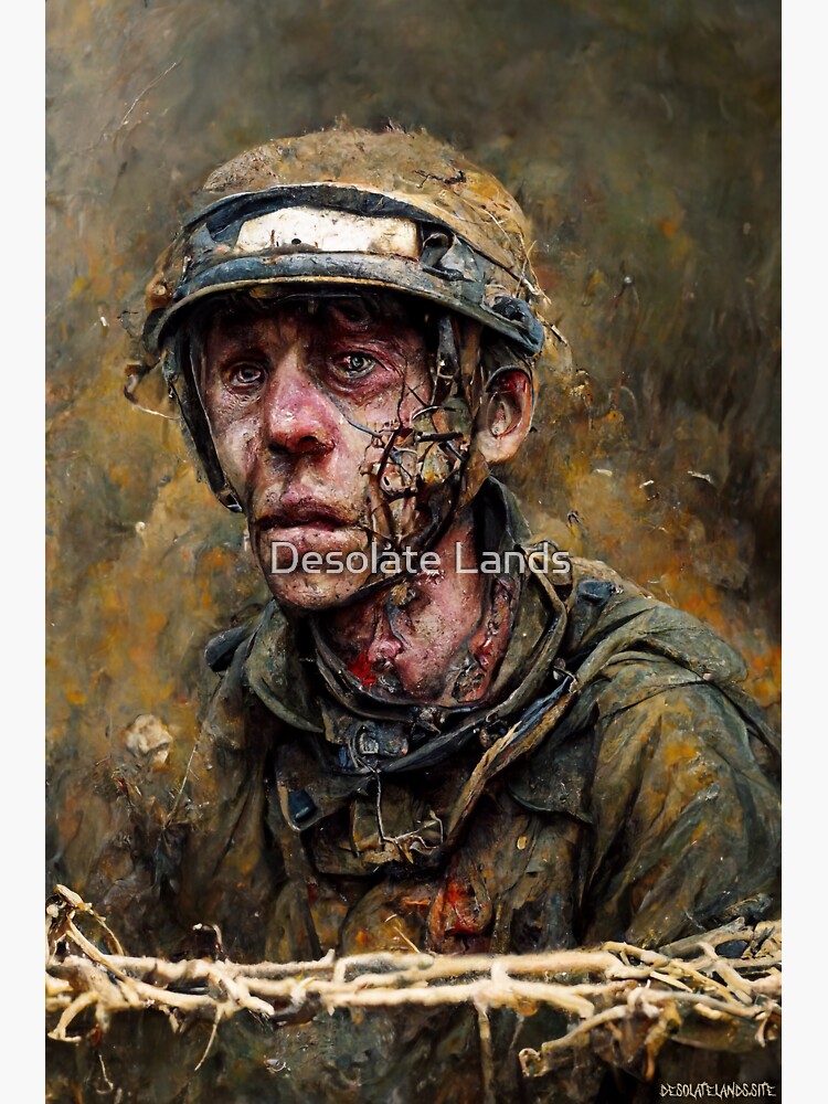 scared shell-shocked soldier in uniform, war and