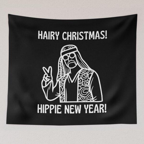 Item preview, HAIRY CHRISTMAS AND HIPPIE NEW YEAR! (wht art, drk bkgnd) designed and sold by Kevin de La Tour.
