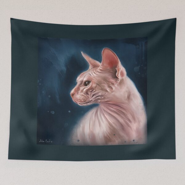 Item preview, Contemporary Painting of a Hairless Pink Sphynx Cat on Dark Blue Background designed and sold by ibadishi.