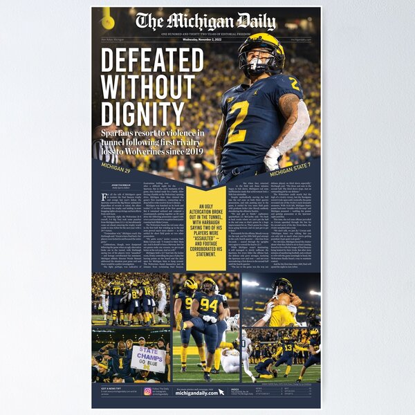 Vista previa del artículo con la obra «Michigan Daily Michigan vs. MSU Fútbol Deportes Lunes Portada», diseñado y vendido por michigan-daily.