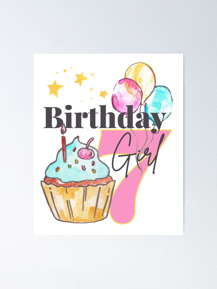 "7th Birthday Girl, Watercolor Girl Birthday Party, 7 Year Old