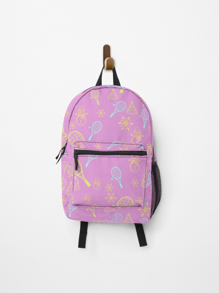 Thumbnail 1 of 3, Backpack, Christmas Tennis Print | Tennis Holiday Pattern | Colorful Print on a Pink Background designed and sold by BigCityTennis.