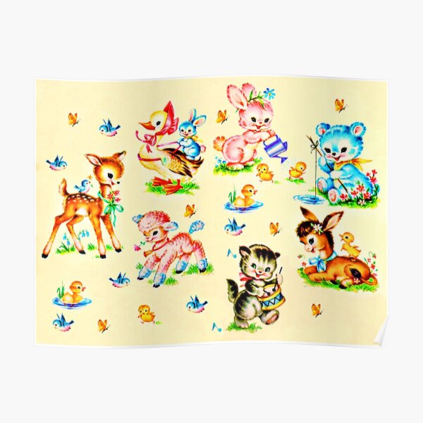 "Cute Vintage Baby Animals " Poster for Sale by funhousejen Redbubble