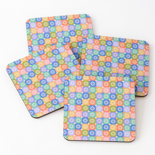 Item preview, Rounded Colorful Checkered Pattern with Stylized Flowers and Daisies designed and sold by Ceyda Bolat.