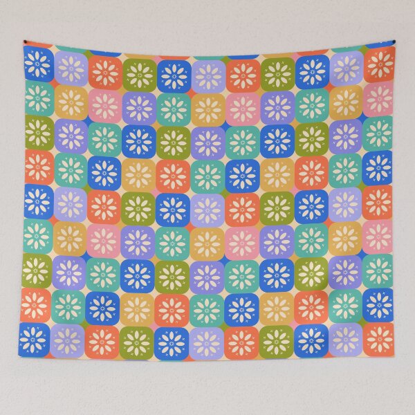 Item preview, Rounded Colorful Checkered Pattern with Stylized Flowers and Daisies designed and sold by Ceyda Bolat.