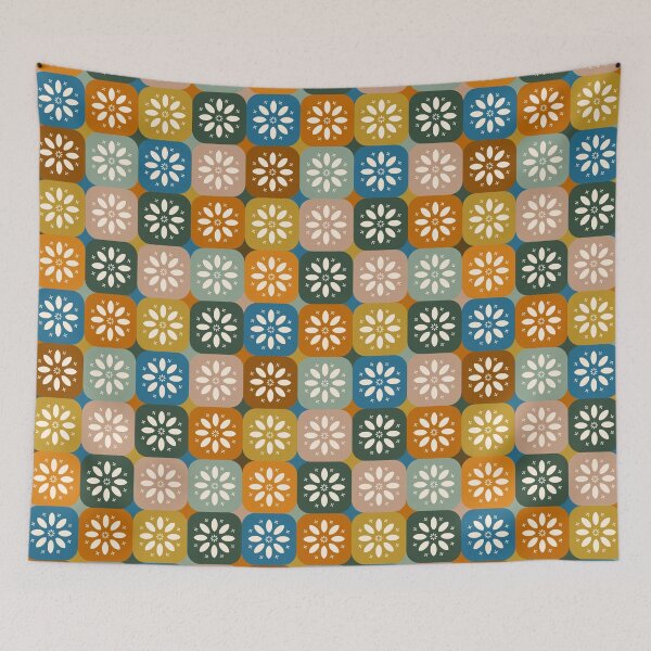 Item preview, Rounded Boho Style Color Checkered Pattern with Stylized Flowers and Daisies designed and sold by Ceyda Bolat.