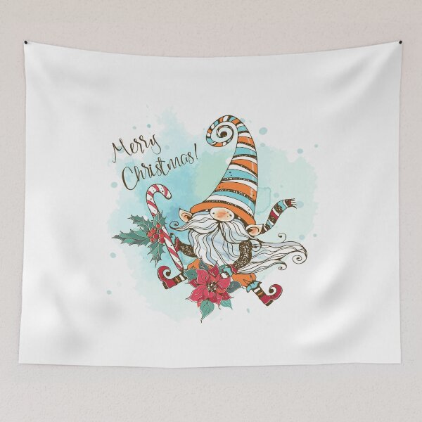 Aperçu de l'œuvre Gnomes nordiques de vacances mignons en chapeau avec aquarelle de poinsettia de canne en bonbon Joyeux Noël Noël hiver créée et vendue par MLA-Artwork.