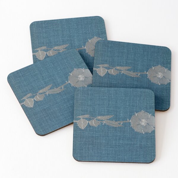 Item preview, Blue cloth book cover with silver single stem flower design designed and sold by coverinlove.