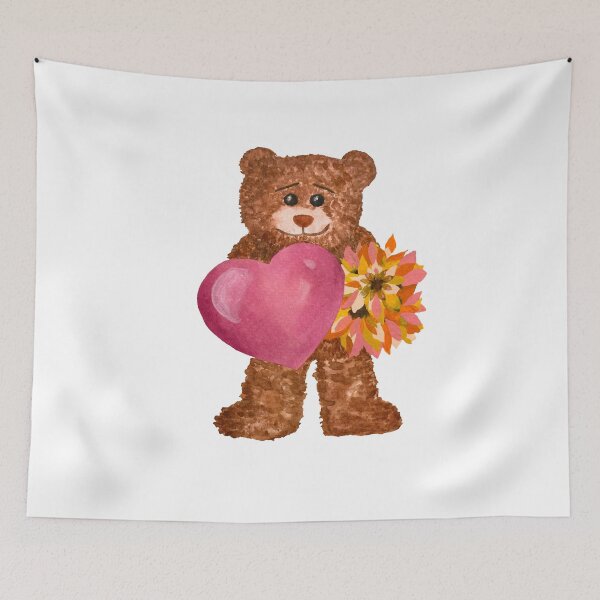 Item preview, Bear with big heart flower watercolor illustration designed and sold by Yana Mustafina | Boho Soulful Designs.