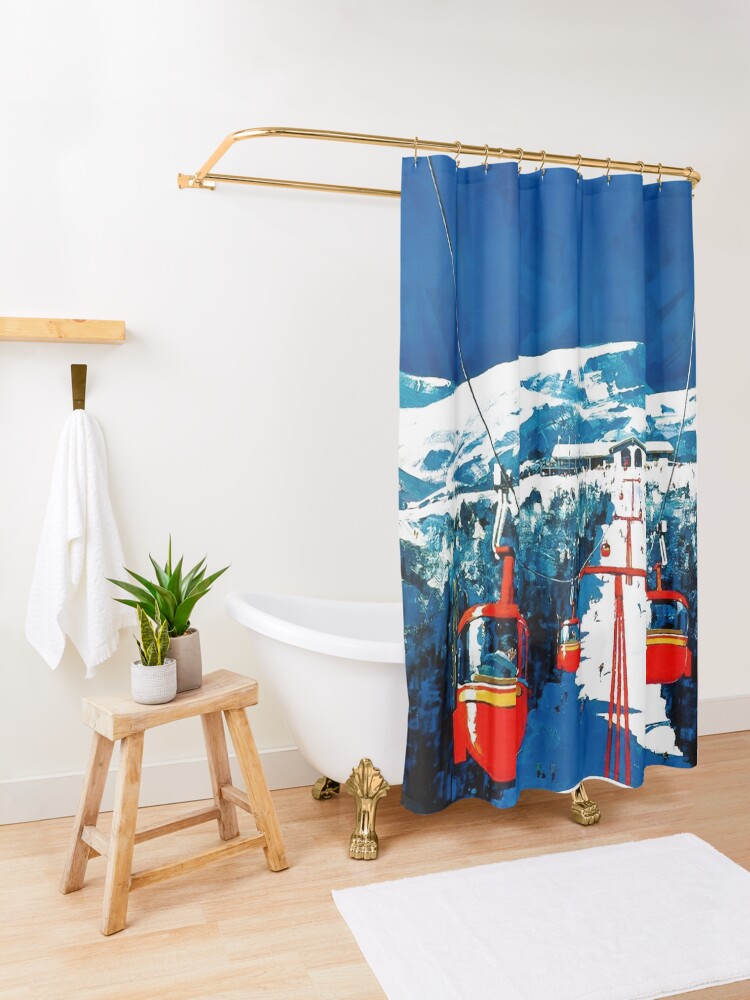 Alternate view of Vintage gondola winter travel ski poster Shower Curtain