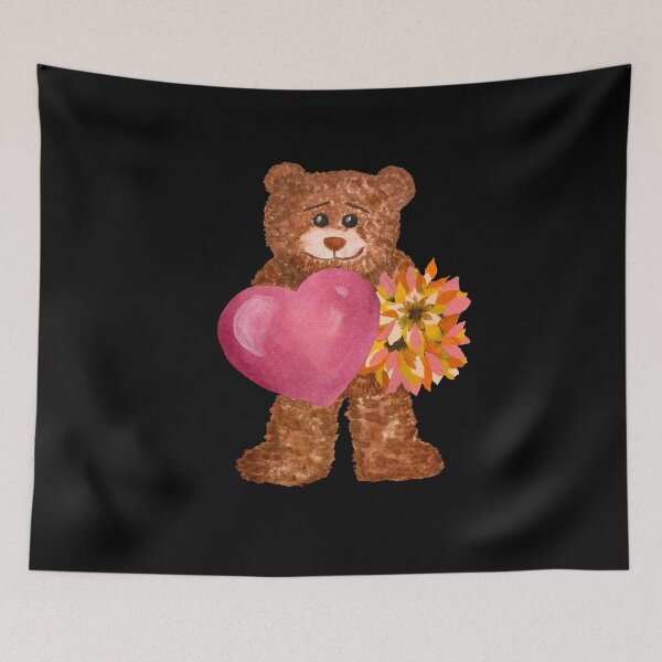 Item preview, Bear with big heart flower watercolor black background designed and sold by Yana Mustafina | Boho Soulful Designs.