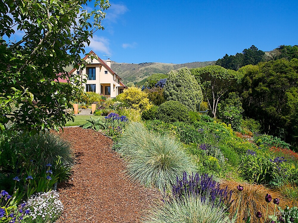 "House and Garden, French Farm, Banks Peninsula, New Zealand." by