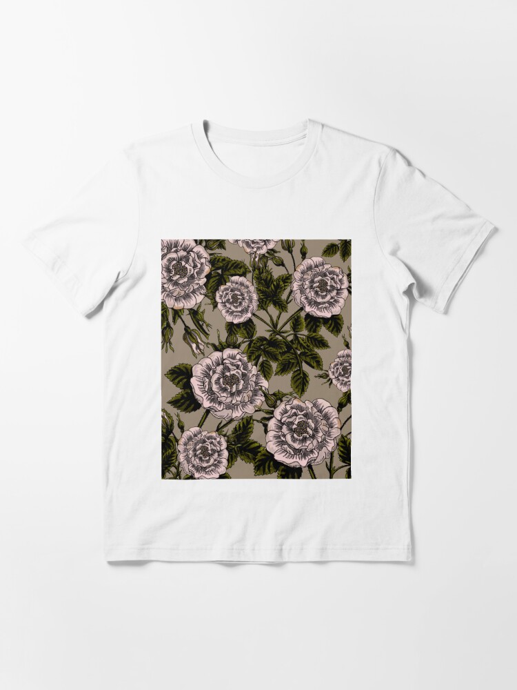 Black And Creamy Pink Roses Flowers Silhouette Pattern On Vintage Beige  Brown | Essential T-Shirt