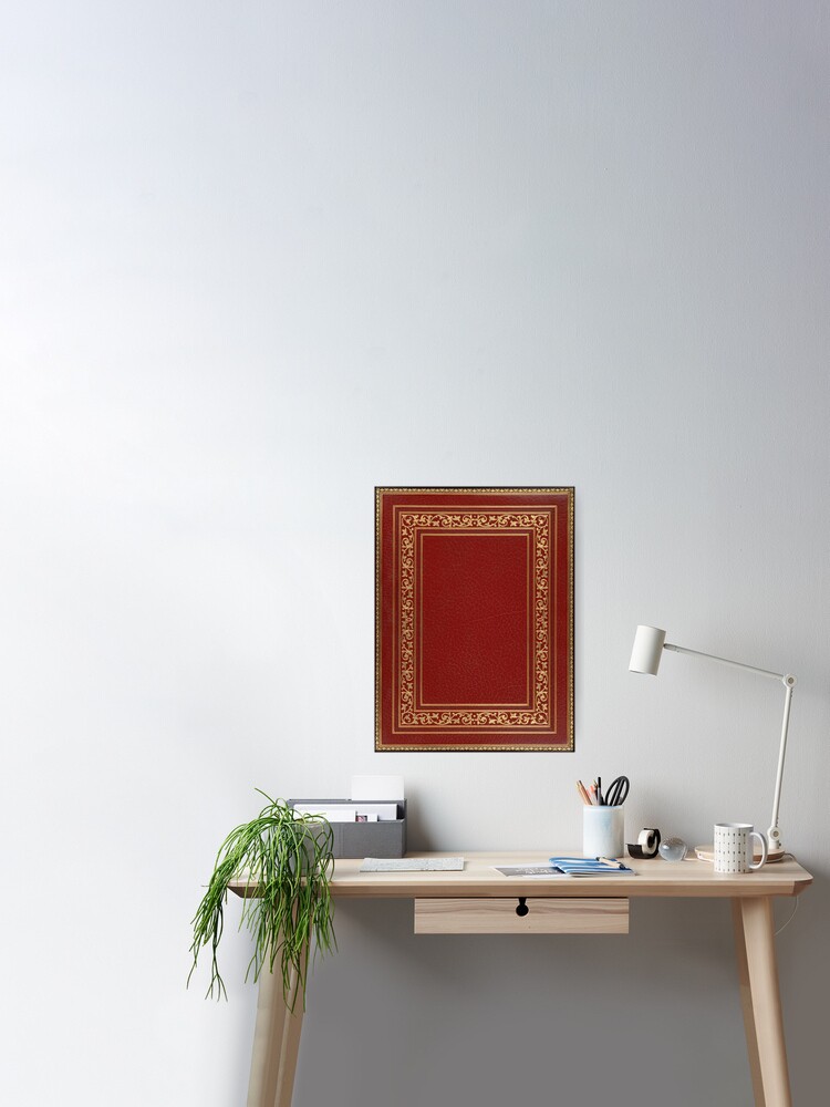 Red embossed leather book cover with gold inlay border design