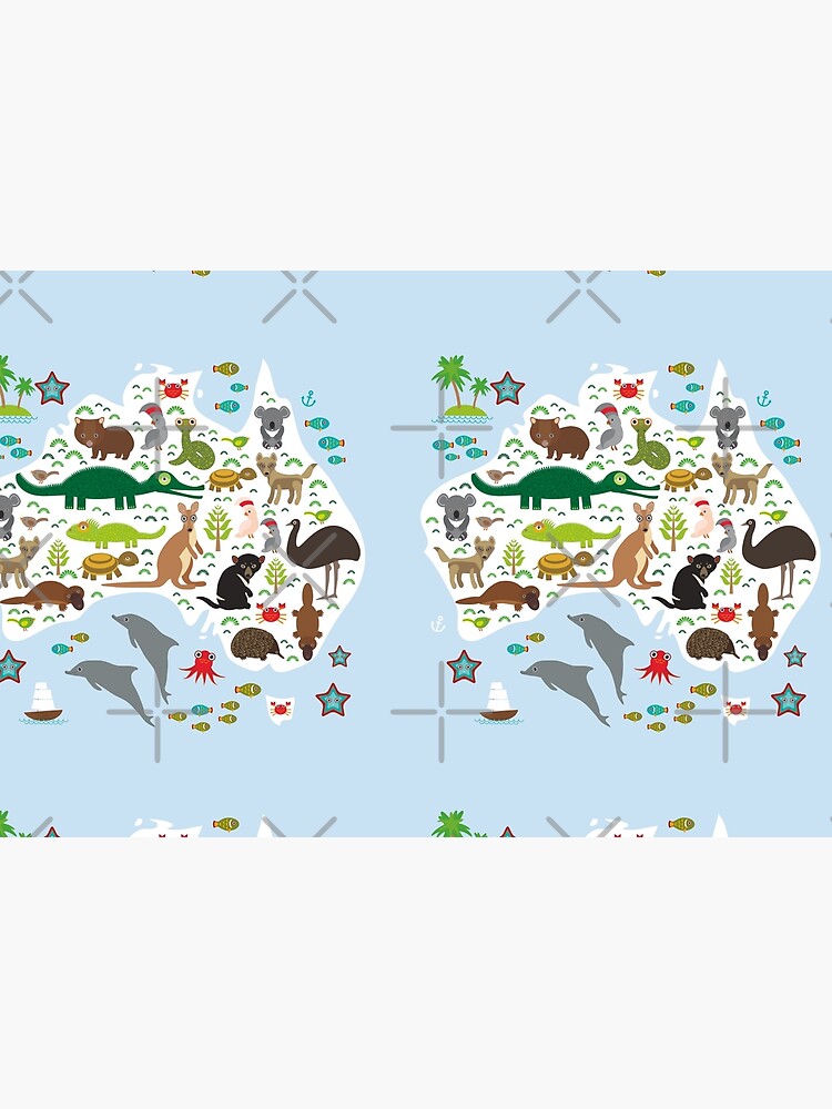 Australian animal map and ocean Echidna Platypus ostrich Emu Tasmanian devil Cockatoo parrot Wombat snake turtle crocodile kangaroo dingo octopus fish. by EkaterinaP
