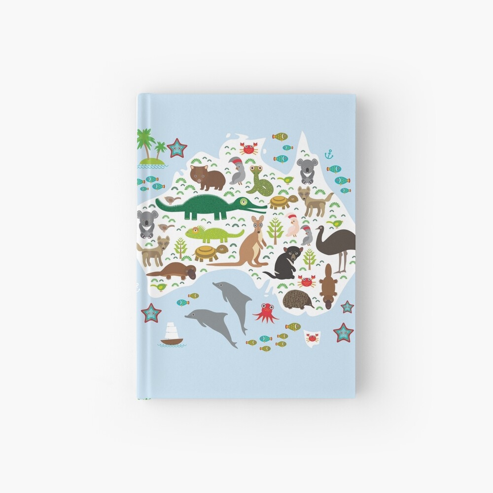 Australian animal map and ocean Echidna Platypus ostrich Emu Tasmanian devil Cockatoo parrot Wombat snake turtle crocodile kangaroo dingo octopus fish. Hardcover Journal