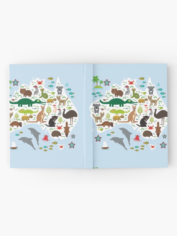 Alternate view of Australian animal map and ocean Echidna Platypus ostrich Emu Tasmanian devil Cockatoo parrot Wombat snake turtle crocodile kangaroo dingo octopus fish. Hardcover Journal