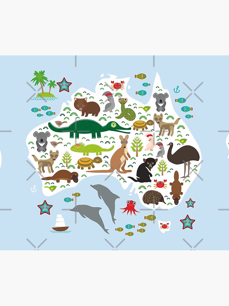 Mapa de animales australianos y mar Echidna Platypus avestruz Emu Demonio de Tasmania Cacatúa loro Wombat serpiente tortuga cocodrilo canguro dingo pulpo pez. de EkaterinaP
