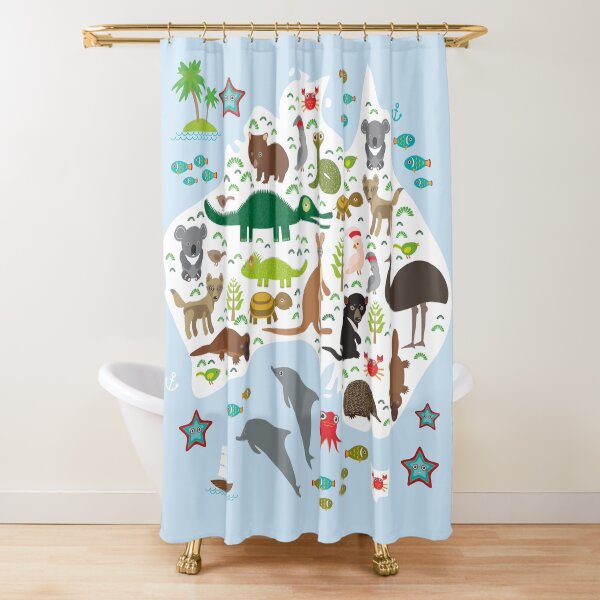 Australian animal map and ocean Echidna Platypus ostrich Emu Tasmanian devil Cockatoo parrot Wombat snake turtle crocodile kangaroo dingo octopus fish. Shower Curtain