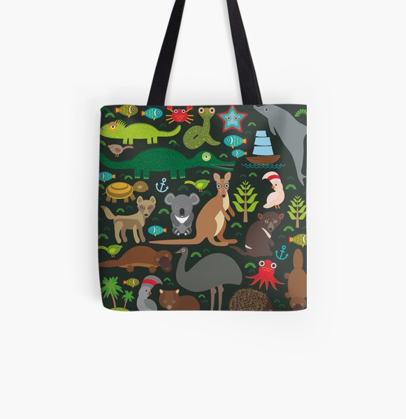 Funny australian animals Echidna Platypus ostrich Emu Tasmanian devil Cockatoo parrot Wombat snake turtle crocodile kangaroo dingo octopus fish. Seamless pattern on dark background. All Over Print Tote Bag