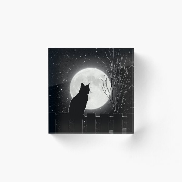 Silent night Cat looking at the full moon Acrylic Block