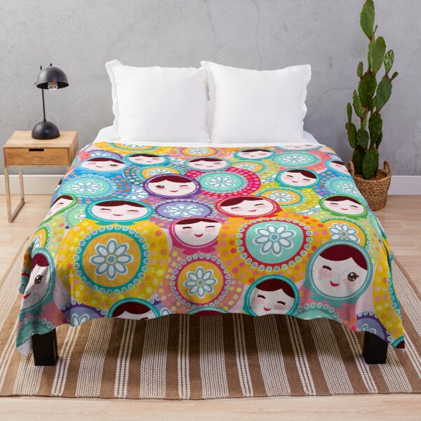 Russian dolls matryoshka, pink blue green colors colorful bright, seamless pattern Throw Blanket