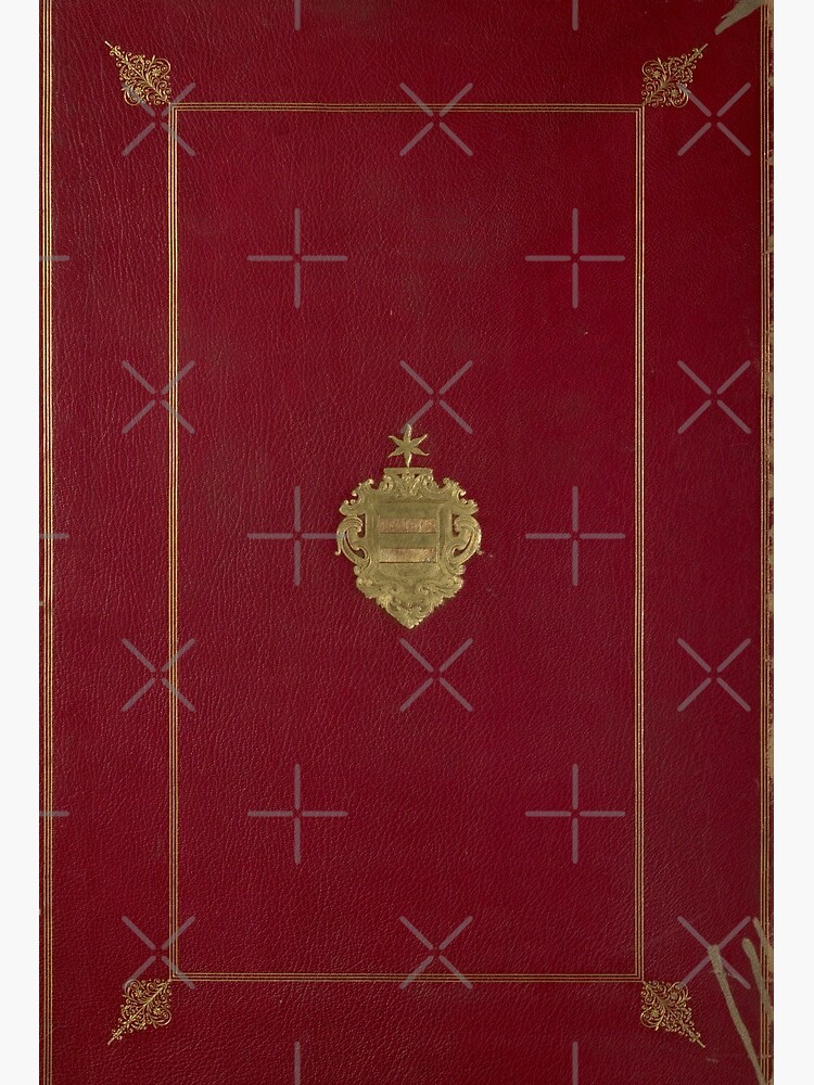 Red embossed leather book cover with gold inlay border design