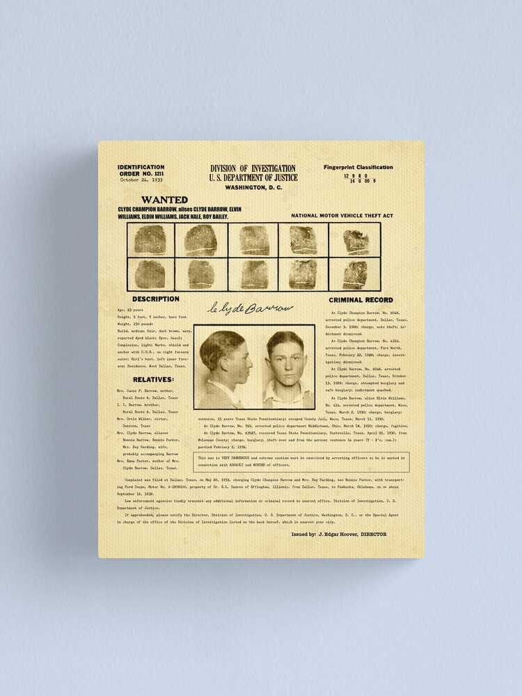 Clyde Barrow Fingerprint I.D. Card Issued by J. Edgar Hoover 1933