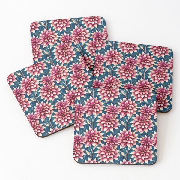 Aperçu de l'œuvre Motif floral de dahlia rose sur fond bleu créée et vendue par DesArtStudio.