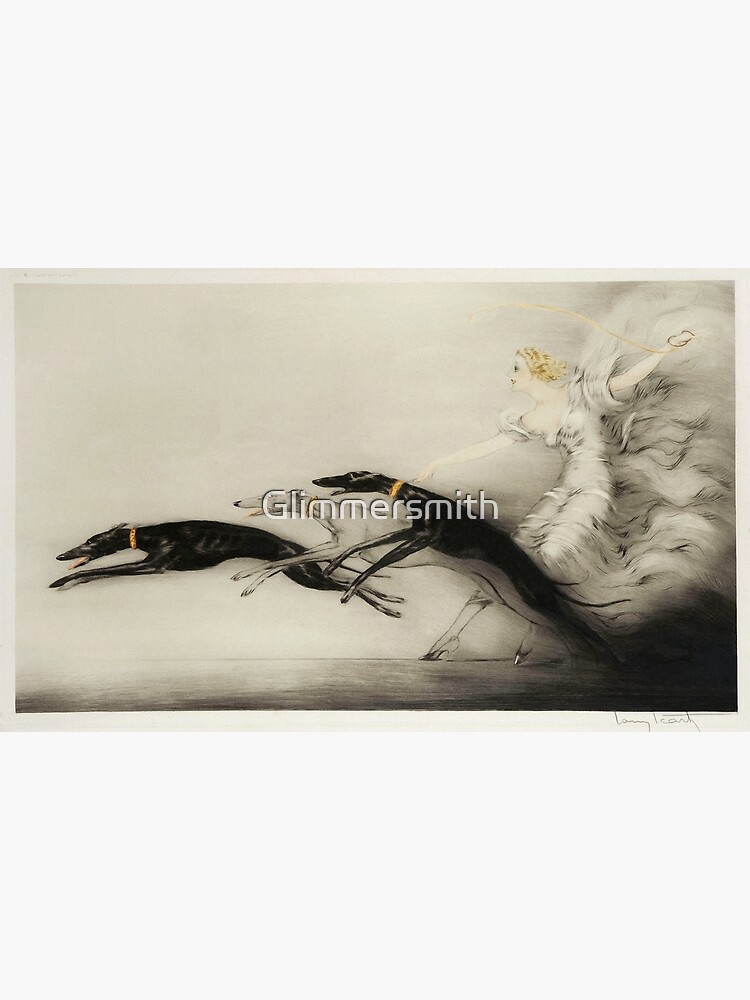 Impression photo for Sale avec l'œuvre « Illustration Vintage Art Déco,  femme qui promène ses chiens lévriers » de l'artiste Glimmersmith