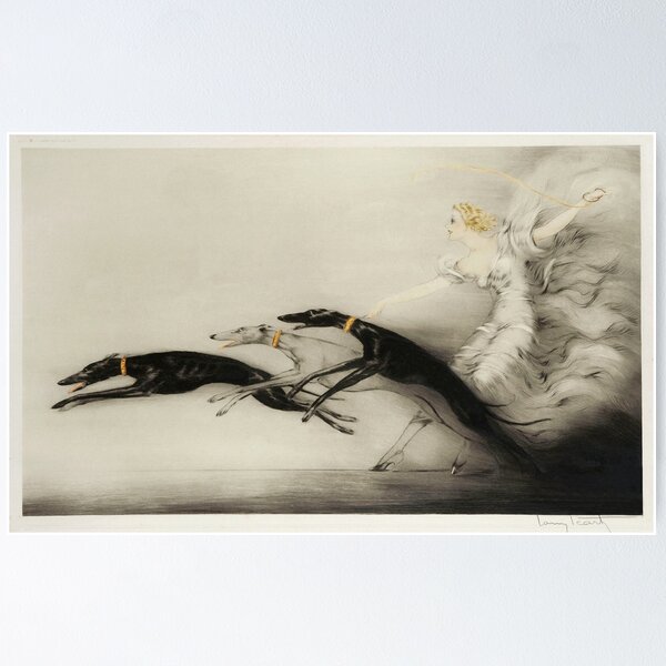 Item preview, Vintage Art Deco illustration, woman walking her greyhound dogs designed and sold by Glimmersmith.