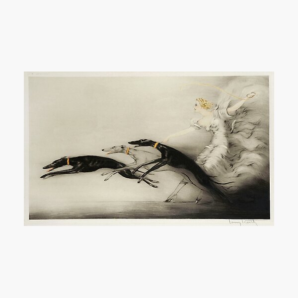 Item preview, Vintage Art Deco illustration, woman walking her greyhound dogs designed and sold by Glimmersmith.