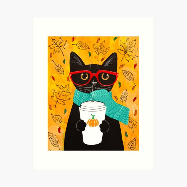 Autumn Pumpkin Coffee Cat Art Print