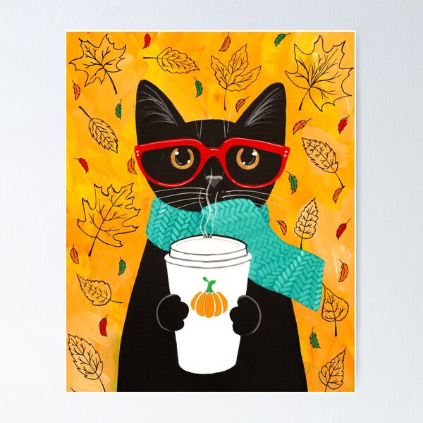 Item preview, Autumn Pumpkin Coffee Cat designed and sold by KilkennyCat Art.