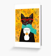 Pumpkin Coffee Cat Greeting Card
