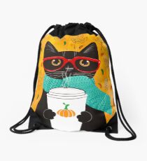 Pumpkin Coffee Cat Drawstring Bag